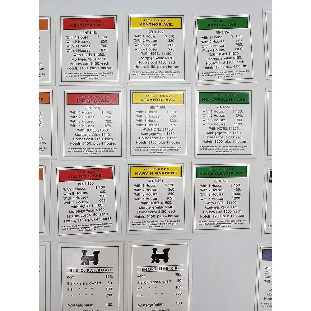 Vtg 1990's Monopoly Property Deeds 28 Cards COMPLETE- Used